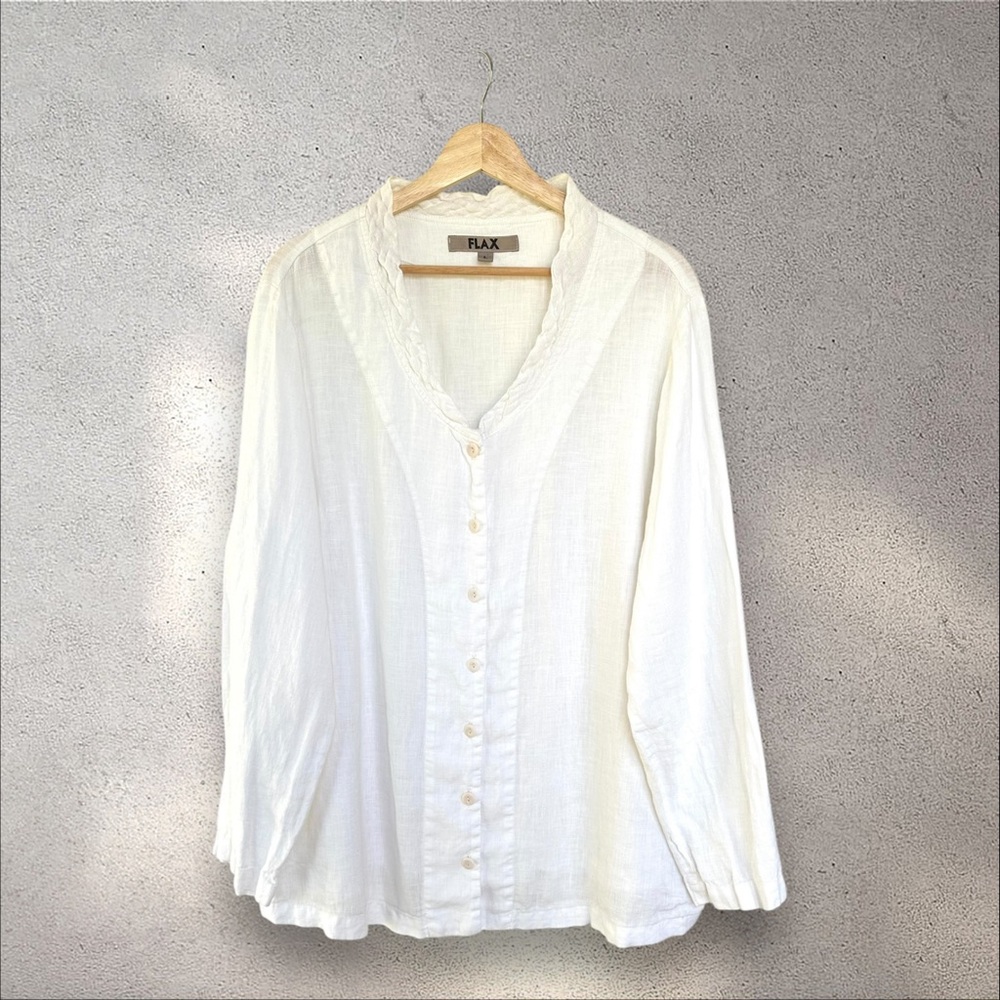 FLAX White V Neck Long Sleeve Braided Neck Button Up Shirt in White‎